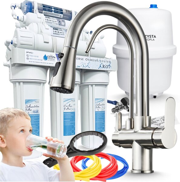 Rubinetto da cucina a 3 vie Ari Nordic, miscelatore cucina con doccetta estraibile, inox satinato, girevole, per filtro acqua