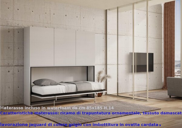 Letto a scomparsa Kando D singolo, Incluso Materasso Chiuso Occupa solo 39 cm di profondit�, Dimensioni chiuso 200x39xh 194 cm struttura in legno colore Bianco Frassino