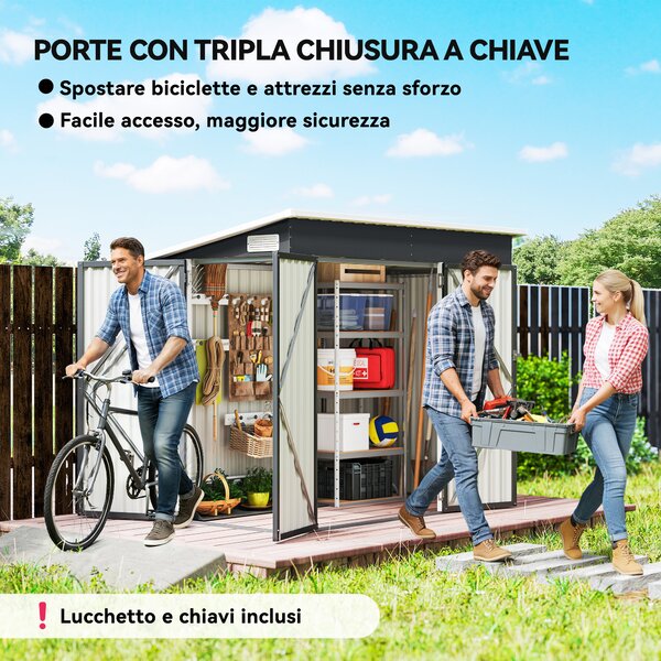 Outsunny Casetta da Giardino in Acciaio con 3 Porte Bloccabili, 234x132x185 cm, Grigio Scuro | Aosom Italy