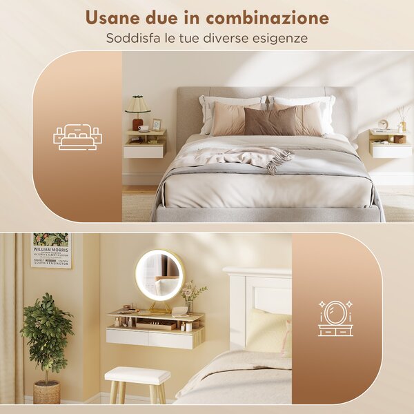 HOMCOM Set di 2 Comodini Sospesi con Cassetto e Mensola Aperta, 35x32x22.5 cm, Bianco e Rovere | Aosom Italy