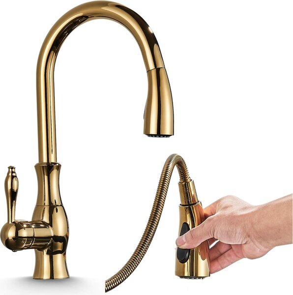 Rubinetto da cucina Ari Cascade con doccetta estraibile, beccuccio girevole a 360 gradi, cartuccia Vetroceramica, oro lucido