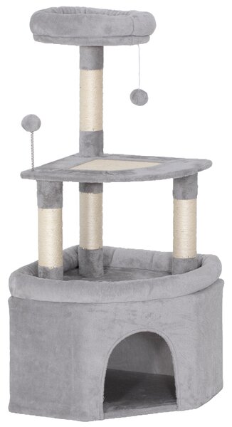 PawHut Albero tiragraffi per gatti con palo in sisal, piattaforma e rifugio, 49x49x114cm, Grigio chiaro | Aosom Italy