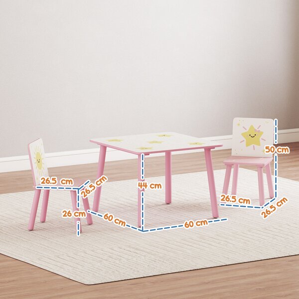 AIYAPLAY Set Arredo Cameretta con Tavolo e 2 Sedie, Altezza Adatta per Bambini da 3-8 Anni con Fantasia a Stelle, Rosa | Aosom Italy