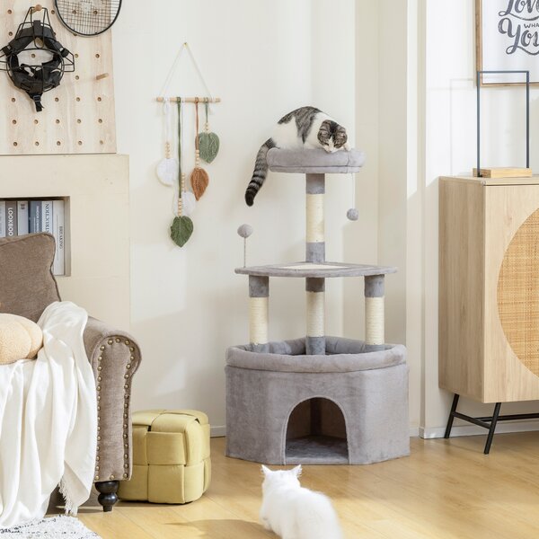 PawHut Albero tiragraffi per gatti con palo in sisal, piattaforma e rifugio, 49x49x114cm, Grigio chiaro | Aosom Italy