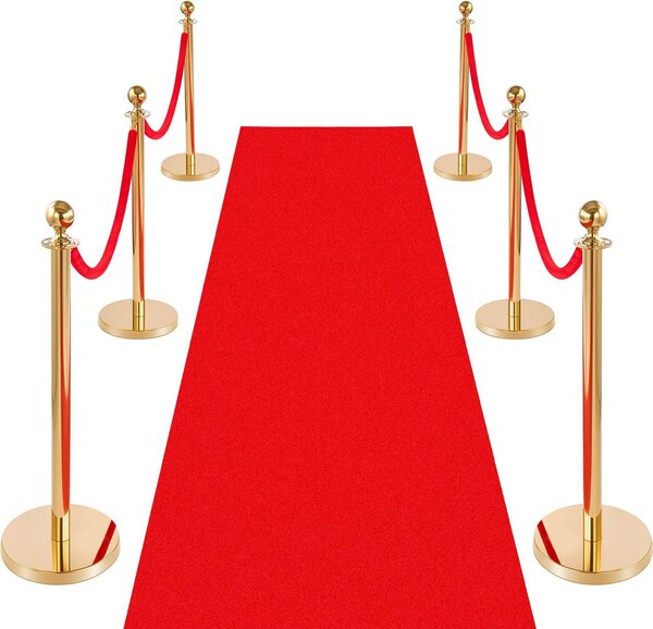 Set di pali di delimitazione - Sistema di guida persone con pali di delimitazione - 6 pali e 4 corde in velluto (1,5 m) - Tappeto VIP rosso 8 m - Base ricaricabile - Per eventi, hotel, cinema - Oro