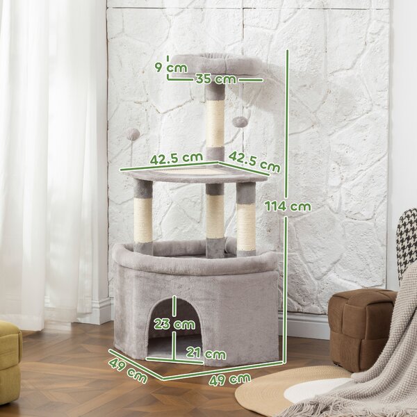 PawHut Albero tiragraffi per gatti con palo in sisal, piattaforma e rifugio, 49x49x114cm, Grigio chiaro | Aosom Italy