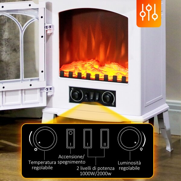 HOMCOM Camino da Terra Elettrico Potenza 1000W / 2000W con Effetto Fiamma Regolabile, 39x23x56.5cm, Bianco | Aosom Italy