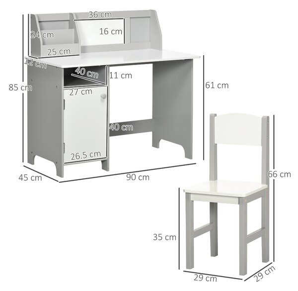 HOMCOM Set Tavolo e Sedie per Bambini 5+ Anni in Legno con Banco Scuola e Sedia Bianco e Grigio | Aosom Italy