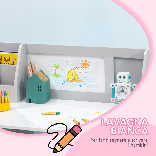 HOMCOM Set Tavolo e Sedie per Bambini 5+ Anni in Legno con Banco Scuola e Sedia Bianco e Grigio | Aosom Italy