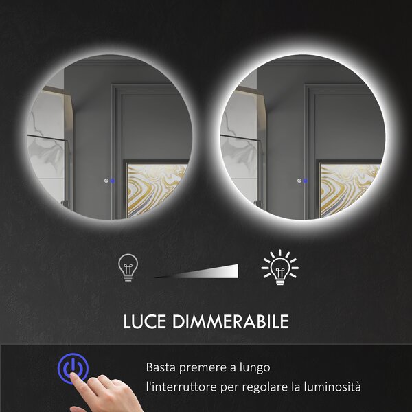 Kleankin Specchio Bagno con Luci LED Regolabili, Interruttori Touch e Design Antiappannamento, Ø60 cm | Aosom Italy