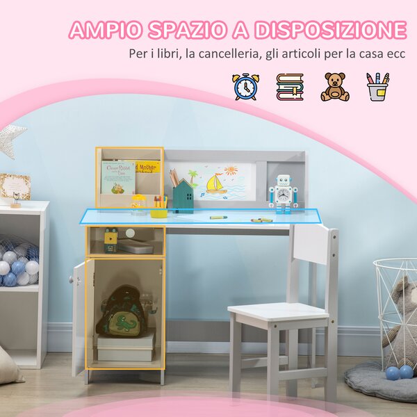 HOMCOM Set Tavolo e Sedie per Bambini 5+ Anni in Legno con Banco Scuola e Sedia Bianco e Grigio | Aosom Italy