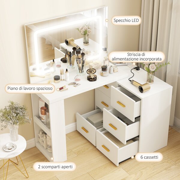 HOMCOM Toeletta da Camera con Specchio e Luci LED Regolabili, 6 Cassetti, 2 Ripiani e Prese Elettriche, Bianco | Aosom Italy