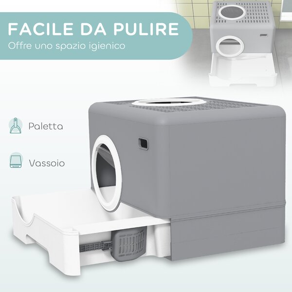 PawHut Lettiera per Gatti con Coperchio e Paletta, Doppio Ingresso e Vassoio Estraibile, 52x41x38.5 cm, Grigio | Aosom Italy