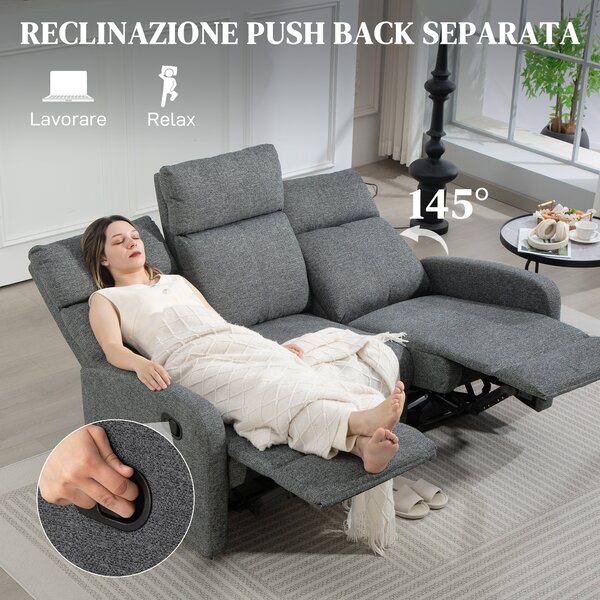 HOMCOM Divano 3 Posti Reclinabile in maniera Indipendente con Rivestimento in Ciniglia Grigia, 179x91x98 cm | Aosom Italy