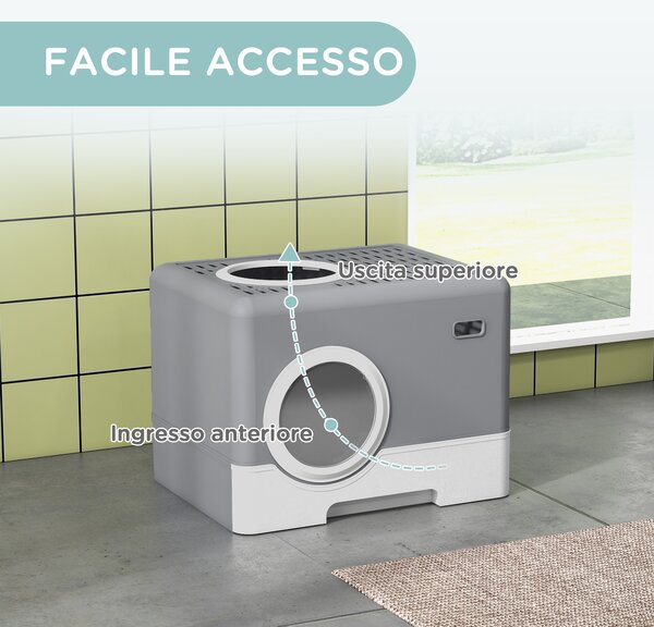 PawHut Lettiera per Gatti con Coperchio e Paletta, Doppio Ingresso e Vassoio Estraibile, 52x41x38.5 cm, Grigio | Aosom Italy