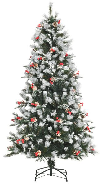 HOMCOM Albero di Natale Innevato con Bacche Rosse e Pigne Bianche, Base Rimovibile Pieghevole, 678 Rami, Φ90x180cm, Verde