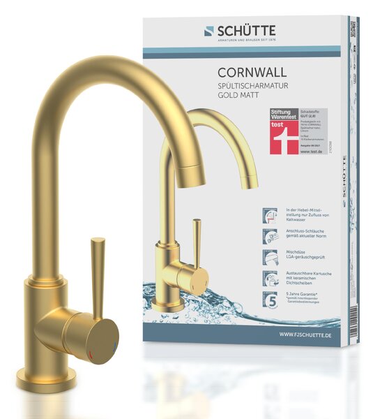 Miscelatore da cucina SCHÜTTE CORNWALL, miscelatore da cucina con funzione di risparmio energetico, miscelatore monocomando bocca girevole a 360°, oro opaco
