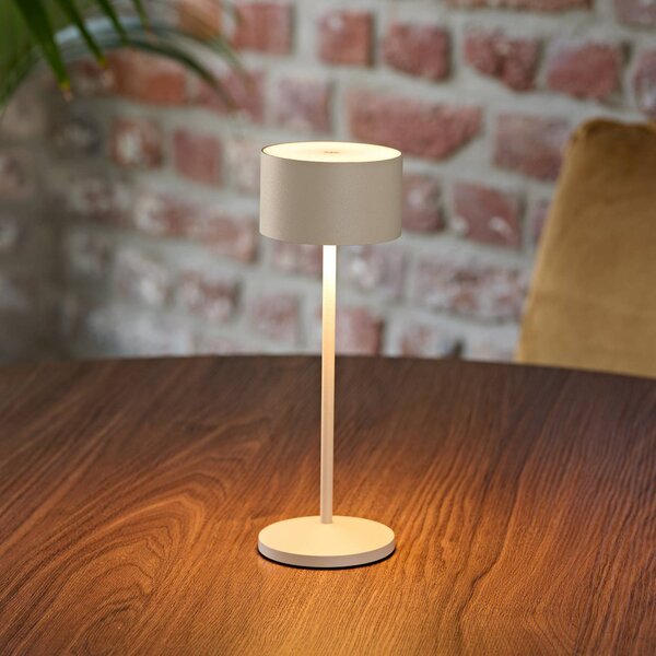 Sigor Lampada LED da tavolo a batteria Veluna, beige, altezza 25 cm, IP44, dimmerabile, Crema / Ambra, Soggiorno / Sala da pranzo, Alluminio, Moderno