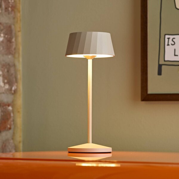 Sigor Lampada LED da tavolo a batteria Facetta, beige, 22 cm, metallo, CCT IP44 dimmerabile, Crema / Ambra, Soggiorno / Sala da pranzo, Alluminio, Moderno, Lampada da tavolo LED