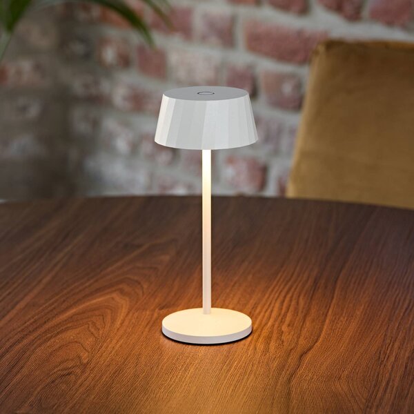 Sigor Lampada LED da tavolo a batteria Facetta, bianca, 22 cm, metallo, CCT IP44 dimmerabile, Bianco / Opale, Soggiorno / Sala da pranzo, Alluminio, Moderno, Lampada da tavolo LED