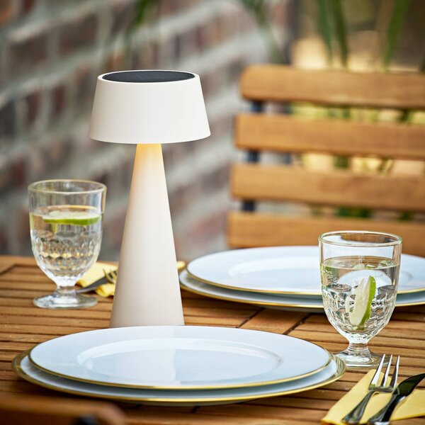 Sigor Lampada da tavolo a LED ricaricabile Solino, beige, solare/USB, 26 cm, IP44 dimmerabile, Crema / Ambra, Soggiorno / Sala da pranzo, Alluminio, Moderno, Lampade solari