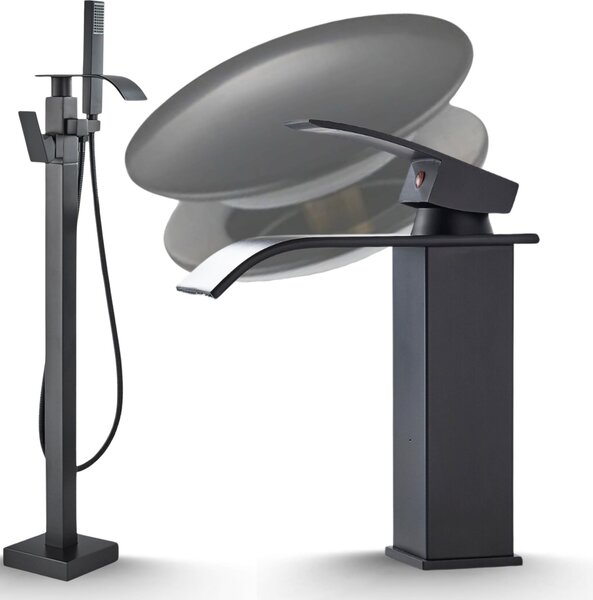 Rubinetto da bagno Ari, miscelatore vasca freestanding nero opaco, beccuccio girevole 360 gradi, cartuccia Vetroceramica con doccetta