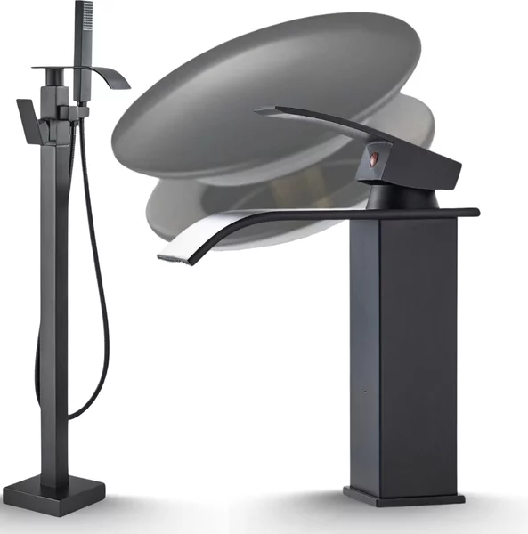 Rubinetto da bagno Ari, miscelatore vasca freestanding nero opaco, beccuccio girevole 360 gradi, cartuccia Vetroceramica con doccetta