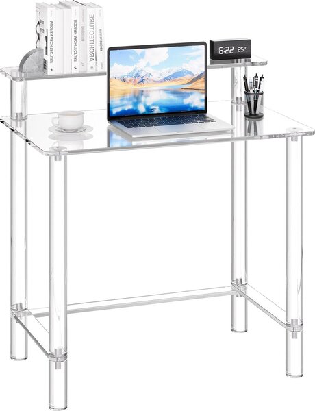 Scrivania in vetro acrilico - Scrivania per computer con supporto per monitor - Con 2 ripiani - Capacità di carico 60 kg - Dimensioni 50 x 80 x 88 cm - Trasparente