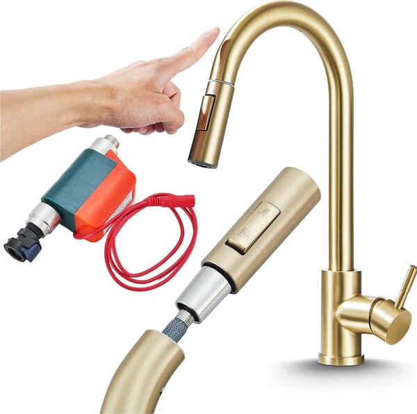 Rubinetto da cucina Ari TOTTO con doccetta estraibile, girevole 360 gradi, sensoriale touch, finitura oro spazzolato
