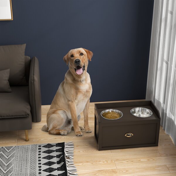 Ciotole per Cani Rialzate 60x30x36 cm in Acciaio Inox e Struttura in Legno con Cassetto Marrone