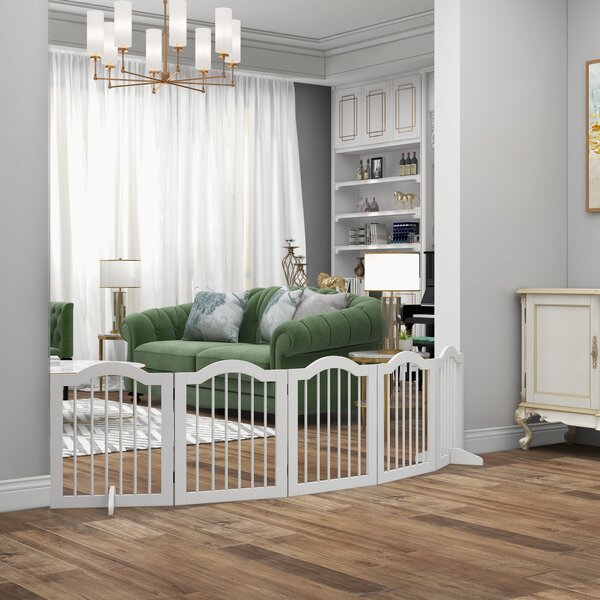 PawHut Cancello per Cani, 5 Pannelli, pieghevole, flessibile, Legno Massello/MDF, 254,5x29,5x61 cm, Bianco