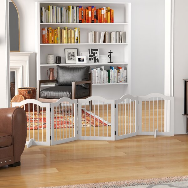 PawHut Cancello per Cani, 5 Pannelli, pieghevole, flessibile, Legno Massello/MDF, 254,5x29,5x61 cm, Bianco