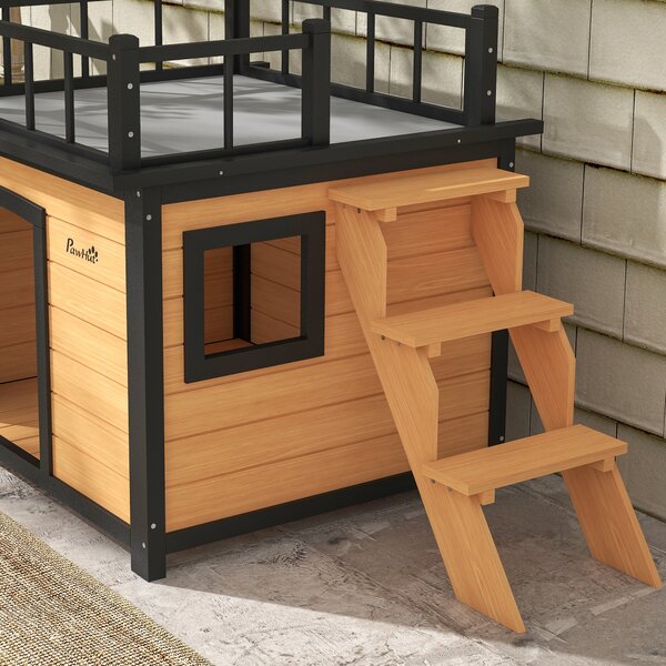 PawHut Cuccia per Cani con Terrazza sul Tetto, Resistente alle Intemperie, Legno, 121x77x78cm, Nero/Giallo