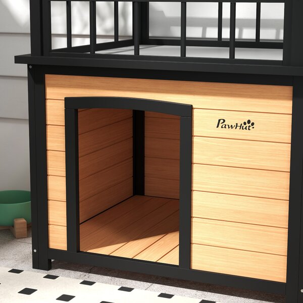 PawHut Cuccia per Cani con Terrazza sul Tetto, Resistente alle Intemperie, Legno, 121x77x78cm, Nero/Giallo