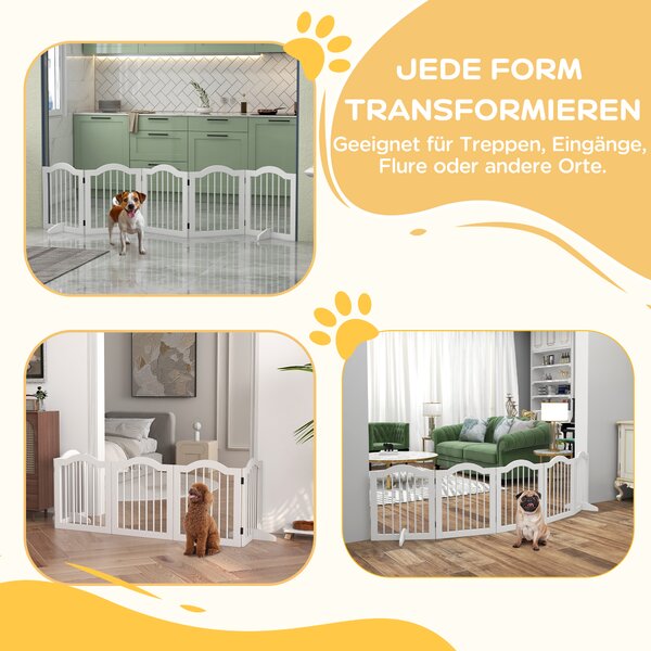 PawHut Cancello per Cani, 5 Pannelli, pieghevole, flessibile, Legno Massello/MDF, 254,5x29,5x61 cm, Bianco