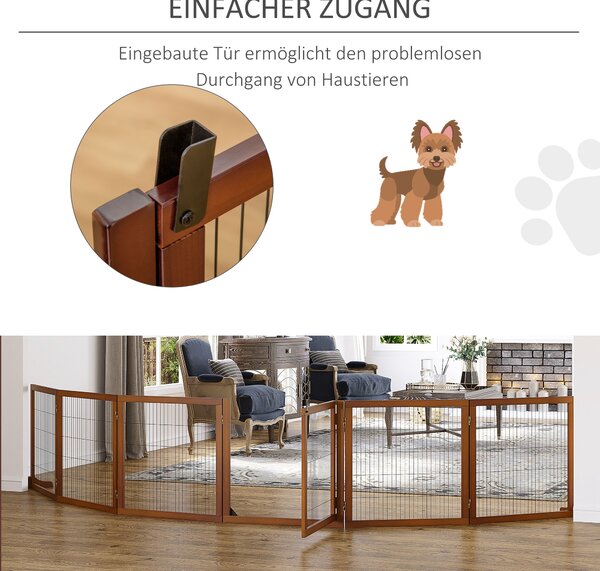 PawHut Recinzione per Cani, Pieghevole, Legno di Pino, 432 x 36 x 70 cm, Caffè