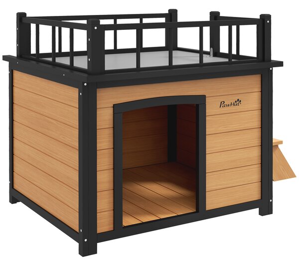 PawHut Cuccia per Cani con Terrazza sul Tetto, Resistente alle Intemperie, Legno, 121x77x78cm, Nero/Giallo