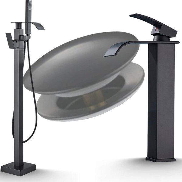 Rubinetto bagno freestanding Ari nero opaco, beccuccio girevole 360 gradi, ottone, con doccetta e valvola in Vetroceramica