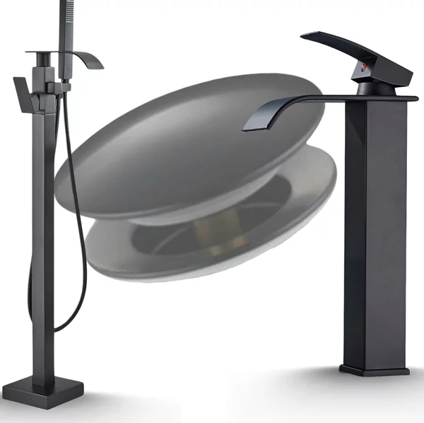 Rubinetto bagno freestanding Ari nero opaco, beccuccio girevole 360 gradi, ottone, con doccetta e valvola in Vetroceramica