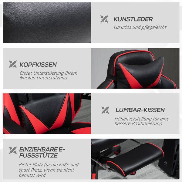 Vinsetto Sedia da Ufficio Ergonomica, Sedia da Gaming, Sedia Girevole con Poggiapiedi retraibile e Schienale Regolabile in Schiuma, Pelle PU e Metallo, Nero e Rosso, 65 x 70 x 118,5-128,5 cm
