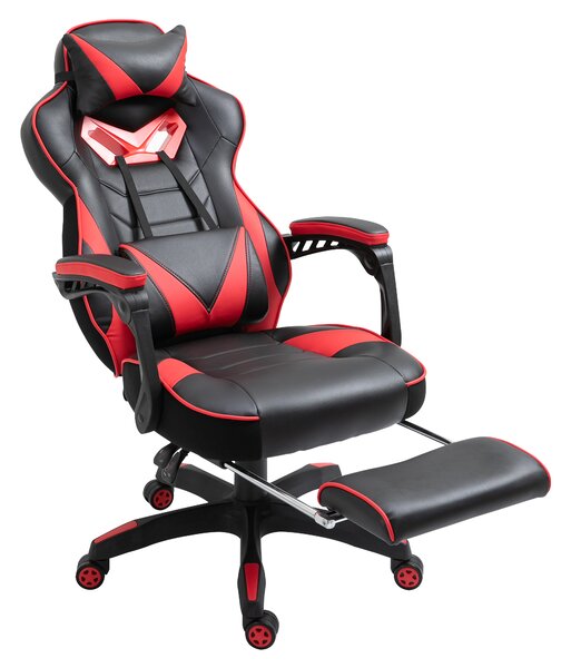 Vinsetto Sedia da Ufficio Ergonomica, Sedia da Gaming, Sedia Girevole con Poggiapiedi retraibile e Schienale Regolabile in Schiuma, Pelle PU e Metallo, Nero e Rosso, 65 x 70 x 118,5-128,5 cm