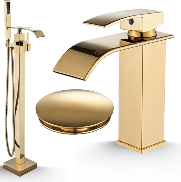 Rubinetto da bagno Ari, miscelatore vasca freestanding in ottone, beccuccio girevole 360 gradi, finitura oro lucido