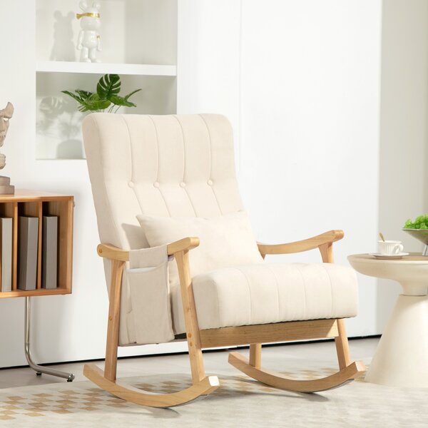 HOMCOM Sedia a dondolo con cuscino lombare, ampia seduta, struttura in faggio, fino a 120 kg, beige