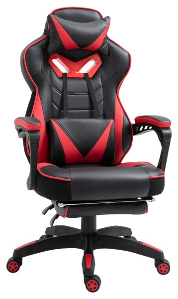 Vinsetto Sedia da Ufficio Ergonomica, Sedia da Gaming, Sedia Girevole con Poggiapiedi retraibile e Schienale Regolabile in Schiuma, Pelle PU e Metallo, Nero e Rosso, 65 x 70 x 118,5-128,5 cm