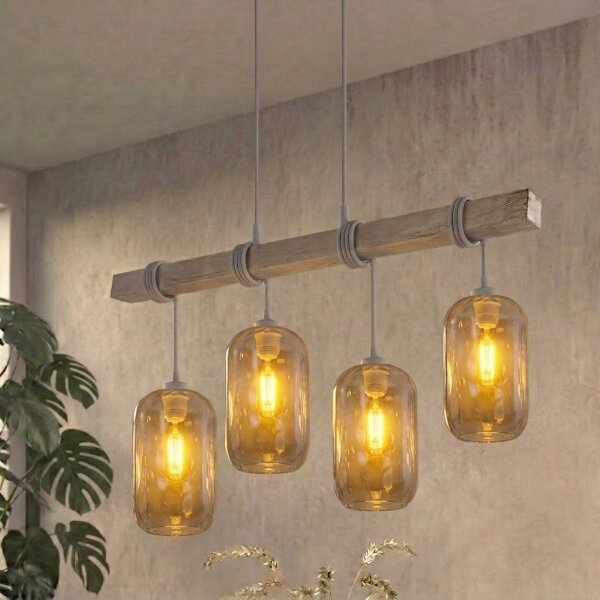 BRILAGI - Lampadario a cavo WOOD GLASS 4xE27/60W/230V pino/grigio/grigio fumé