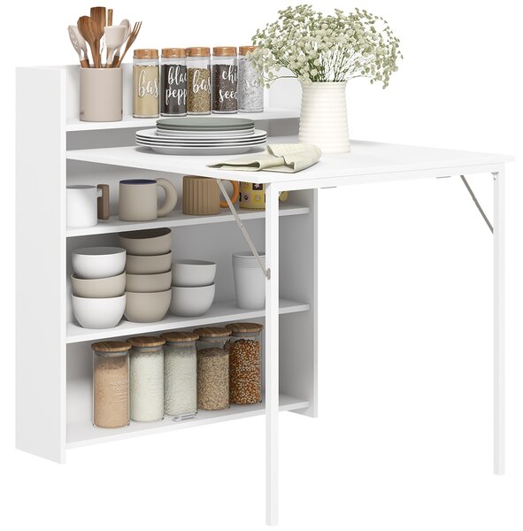 HOMCOM Tavolo da Pranzo Pieghevole, Adatto per Piccoli Spazi, con 4 Scaffali Discreti, Tavolo da Cucina Pieghevole, Funzione Anti-Ribaltamento, Bianco