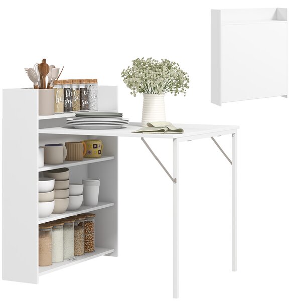 HOMCOM Tavolo da Pranzo Pieghevole, Adatto per Piccoli Spazi, con 4 Scaffali Discreti, Tavolo da Cucina Pieghevole, Funzione Anti-Ribaltamento, Bianco