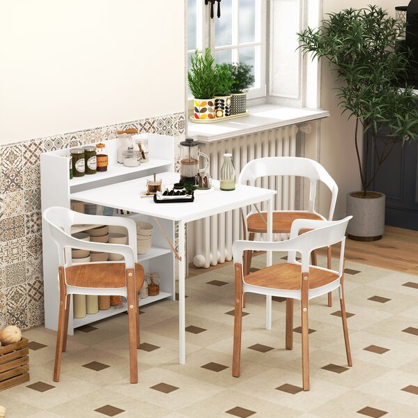 HOMCOM Tavolo da Pranzo Pieghevole, Adatto per Piccoli Spazi, con 4 Scaffali Discreti, Tavolo da Cucina Pieghevole, Funzione Anti-Ribaltamento, Bianco