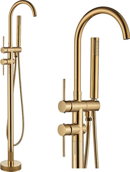 Rubinetto da bagno freestanding ARI, miscelatore vasca a pavimento con doccetta, beccuccio girevole 360 gradi, oro lucido