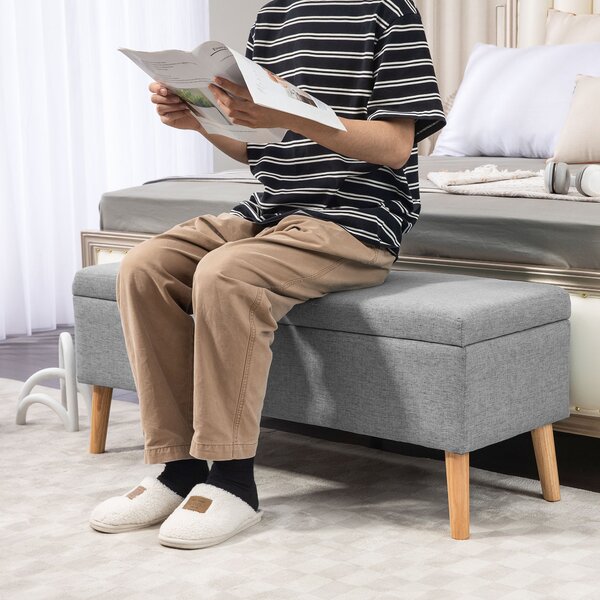 HOMCOM Cassapanca con Spazio di Archiviazione e Rivestimento in Stile Lino, Gambe in Legno di Gomma, fino a 220 kg, 110x39x45cm, Grigio